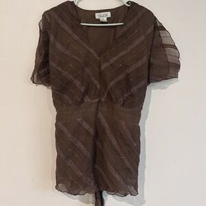 Vtg Selene Sport Blouse Sz 2X Babydoll Brown Fairy Grunge Sequins Tie Back Lined